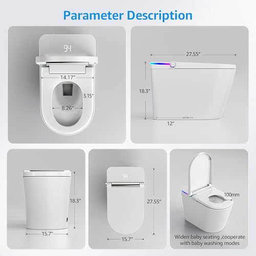 Tankless Smart Toilet with Built-In Bidet, Heated Seat, Warm Water and Dry, Simple Installation, with Foot Sensor and Night Light, Auto Flush, Auto Open & Close Lid, Wireless Remote Control
