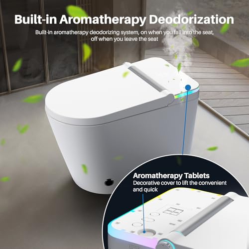 Smart Toilet, One Piece Tankless Bidet Toilet with Auto Flush Auto Open & Close Lid Foot Sensor Heated Seat Warm Water Sprayer & Dryer LED Nightlight, Remote and Knob Control