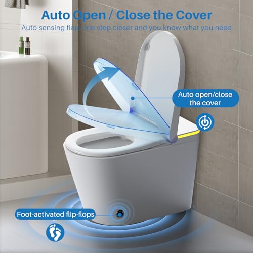 Smart Toilet, One Piece Tankless Bidet Toilet with Auto Flush Auto Open & Close Lid Foot Sensor Heated Seat Warm Water Sprayer & Dryer LED Nightlight, Remote and Knob Control