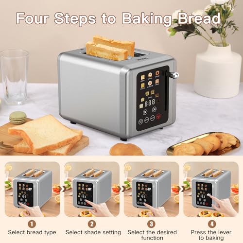 WHALL® Touch Screen Toaster 2 Slice, Stainless Steel Digital Timer Toaster, 6 Bread Types & 6 Shade Settings, Smart Extra Wide Slots Toaster With Bagel, Cancel, Defrost Functions