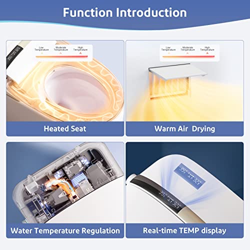Smart Toilet with Bidet Built-in, Tankless One Piece Toilet with Remote Control,Temperature Controlled Wash Functions,Warm Air Dryer Heated Bidet Seat, One Piece Toilet for Bathroom