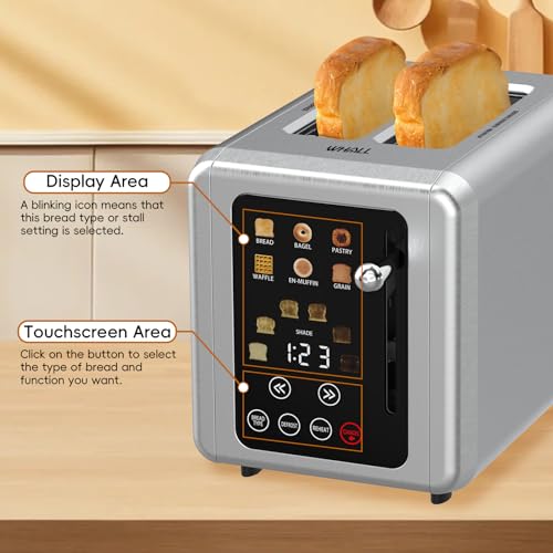 WHALL® Touch Screen Toaster 2 Slice, Stainless Steel Digital Timer Toaster, 6 Bread Types & 6 Shade Settings, Smart Extra Wide Slots Toaster With Bagel, Cancel, Defrost Functions