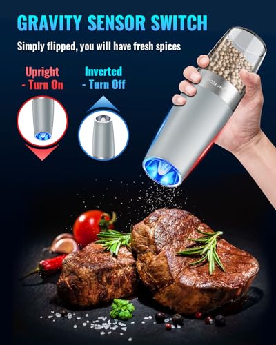 Gravity Electric Pepper and Salt Grinder Set, Adjustable Coarseness, Battery Powered with LED Light, One Hand Automatic Operation, Light Grey, 2 Pack