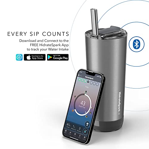 HidrateSpark PRO Smart Tumbler with Lid & Straw – Insulated Stainless Steel – Tracks Water Intake with Bluetooth, LED Glow Reminder When You Need to Drink – 20oz, Brushed