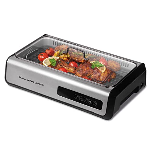 Baumann Living Indoor Smokeless Grill 1500W with Smart LED Touch Screen, Tempered Glass Lid, 2 Removable Ceramic Nonstick Grill & Griddle Plate, in a Modern Stainless Steel Design.