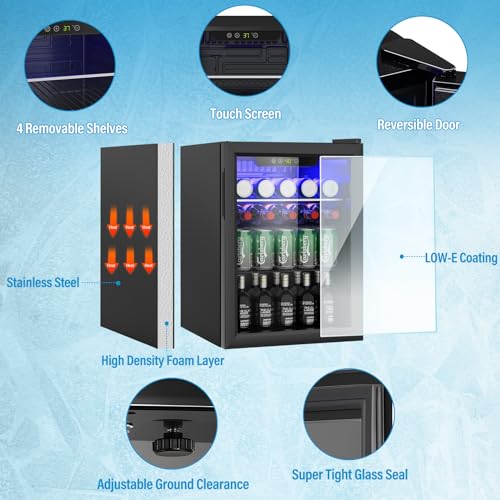 Erivess Compact Beverage Refrigerator, 95 Can/2.6 Cubic Feet Fridge with Glass Front Door for Soda, Beer or Wine, Under Counter Drink Dispenser with Adjustable Shelve & Digital Display