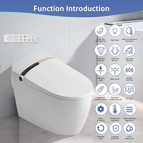 Smart Toilet with Bidet Built-in, Tankless One Piece Toilet with Remote Control,Temperature Controlled Wash Functions,Warm Air Dryer Heated Bidet Seat, One Piece Toilet for Bathroom