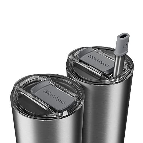 HidrateSpark PRO Smart Tumbler with Lid & Straw – Insulated Stainless Steel – Tracks Water Intake with Bluetooth, LED Glow Reminder When You Need to Drink – 20oz, Brushed
