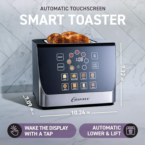 Inspirex Touch Screen Display Smart Toaster, 2 Slice with 8 Bread Type and 7 Browning Modes, Automatic Lowering and Raising, Digital Countdown, Modern Style, Stainless Steel