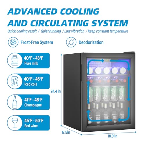 Erivess Compact Beverage Refrigerator, 95 Can/2.6 Cubic Feet Fridge with Glass Front Door for Soda, Beer or Wine, Under Counter Drink Dispenser with Adjustable Shelve & Digital Display