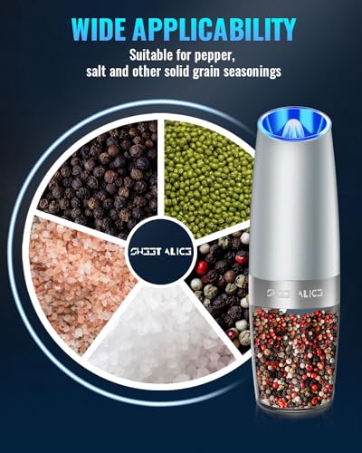 Gravity Electric Pepper and Salt Grinder Set, Adjustable Coarseness, Battery Powered with LED Light, One Hand Automatic Operation, Light Grey, 2 Pack