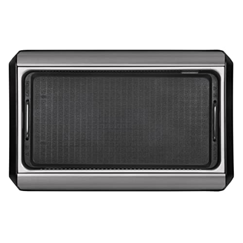 Baumann Living Indoor Smokeless Grill 1500W with Smart LED Touch Screen, Tempered Glass Lid, 2 Removable Ceramic Nonstick Grill & Griddle Plate, in a Modern Stainless Steel Design.