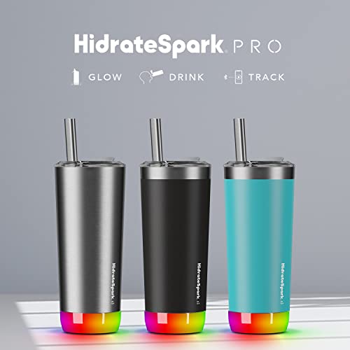 HidrateSpark PRO Smart Tumbler with Lid & Straw – Insulated Stainless Steel – Tracks Water Intake with Bluetooth, LED Glow Reminder When You Need to Drink – 20oz, Brushed