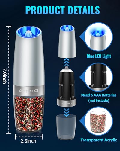 Gravity Electric Pepper and Salt Grinder Set, Adjustable Coarseness, Battery Powered with LED Light, One Hand Automatic Operation, Light Grey, 2 Pack