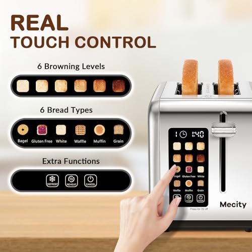 Mecity 2 Slice Toaster Touch Screen 1.5" Wide Slot, Stainless Steel Smart Bread Toaster for Bagel Muffin Waffle Gluten Free Breads, Timer, Defrost, Reheat, 120V 825W