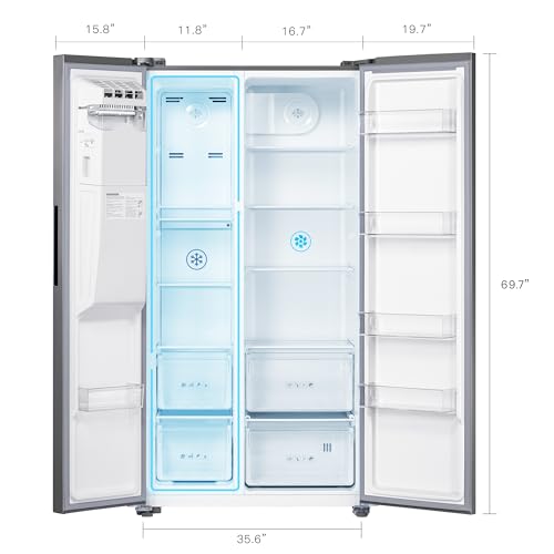 THFRIONE Freestanding Side-by-Side Refrigerator with 18.1 Cu. Ft Capacity, Built-In Ice Maker & Water Dispensers, 2 Door Auto Defrost Fridge for Kitchen/Office/Commercial, Gray Stainless Steel