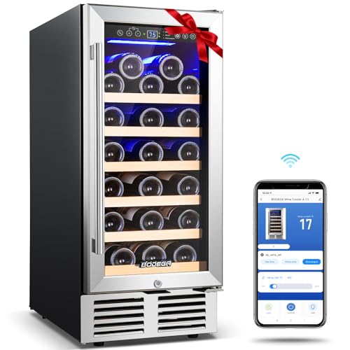 BODEGA 15 Inch wine fridge, 31 Bottles Mini Fridge,Wine Cooler Refrigerator with Double-Layer Glass Door, Wine cooler with smart chip control,Temperature Memory,Built-in or Freestanding