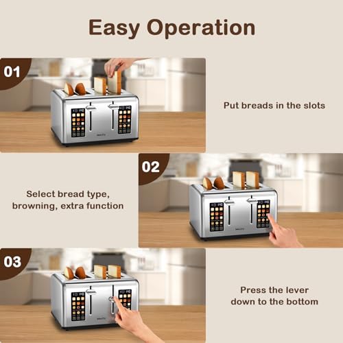 Mecity 4 Slice Toaster Touch Screen Control 4 Wide Slot, Stainless Steel Smart Bread Toaster for Bagel Muffin Waffle, Dual Control Pannel, Timer, Defrost, Reheat, 120V 1650W