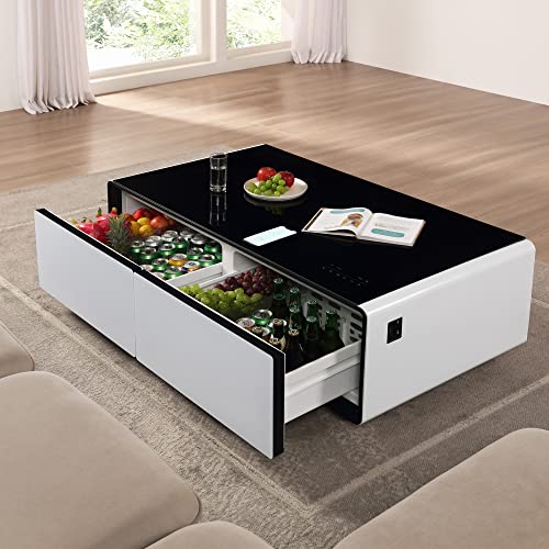 Merax Modern Smart Coffee Table with Built-in Fridge,Bluetooth Speaker,Wireless Charging Module, Touch Control Panel,Power Socket,USB Interface,Outlet Protection,Atmosphere light