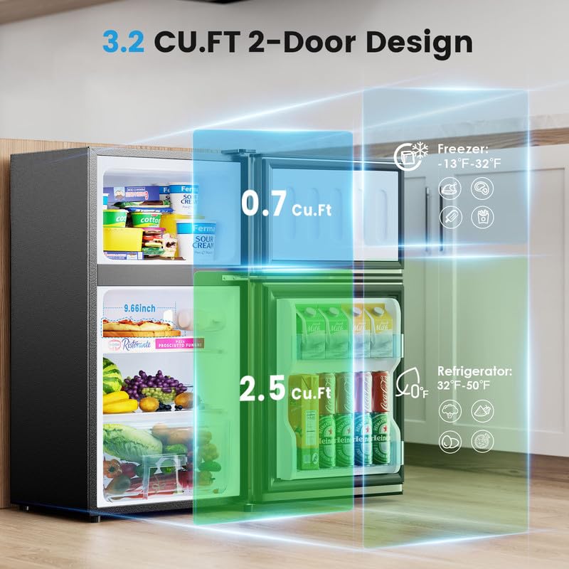 Mini Fridge with Freezer Quite: 3.2 Cu.Ft Mini Refrigerator with 2 Doors - Compact Small Refrigerator - for Bedroom Dorm Office Apartment