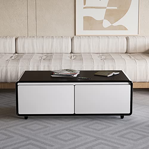 Merax Modern Smart Coffee Table with Built-in Fridge,Bluetooth Speaker,Wireless Charging Module, Touch Control Panel,Power Socket,USB Interface,Outlet Protection,Atmosphere light