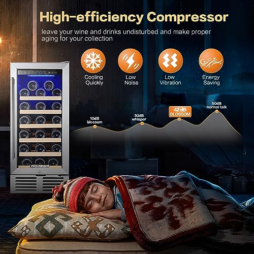 BODEGA 15 Inch wine fridge, 31 Bottles Mini Fridge,Wine Cooler Refrigerator with Double-Layer Glass Door, Wine cooler with smart chip control,Temperature Memory,Built-in or Freestanding