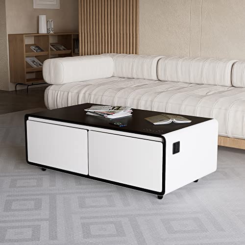 Merax Modern Smart Coffee Table with Built-in Fridge,Bluetooth Speaker,Wireless Charging Module, Touch Control Panel,Power Socket,USB Interface,Outlet Protection,Atmosphere light