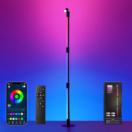 SANBEN Corner Floor Lamp - Black RGB LED Floor Lamp with Music Sync and 16 Million DIY Colors, App & Remote Control, Color Changing Modern Smart Corner Lamp for Bedroom Living Room