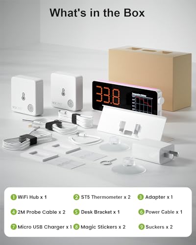 MOCREO WiFi Freezer Thermometer Alarm with Digital Monitor Hub, App and Email Alerts, 2-Year Data Export, Remote Temperature Sensor for Refrigerator, Fridge, Freezer (2 Pack)