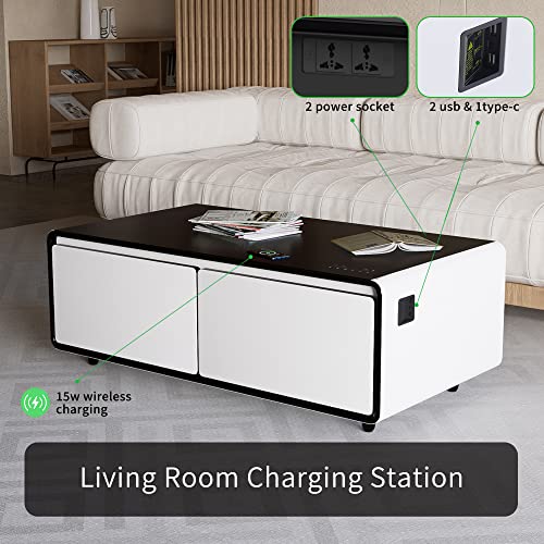 Merax Modern Smart Coffee Table with Built-in Fridge,Bluetooth Speaker,Wireless Charging Module, Touch Control Panel,Power Socket,USB Interface,Outlet Protection,Atmosphere light