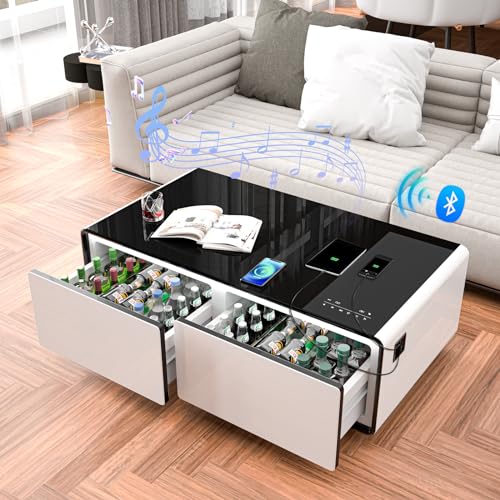GlowSpark 50.9" Coffee Table with Fridge & Bluetooth Speakers, Smart Coffee Table with Refrigerator & Temperature Control, Double USB Interface & Touch Control Panel, 15W Wireless Charging (White)