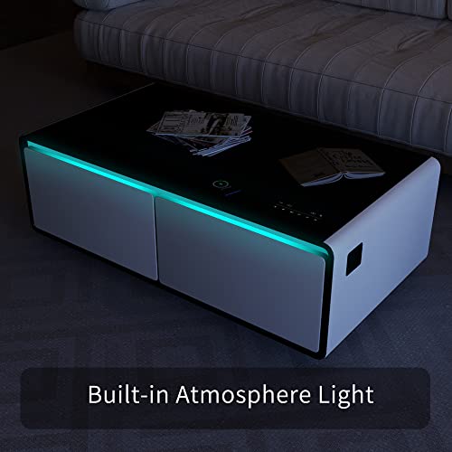 Merax Modern Smart Coffee Table with Built-in Fridge,Bluetooth Speaker,Wireless Charging Module, Touch Control Panel,Power Socket,USB Interface,Outlet Protection,Atmosphere light