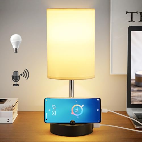 Briever AI Voice Control Bedside Table Lamp for Bedroom, 3-Way Dimmable Nightstand Lamp with USB A+C Ports, Smart Touch Sensor Desk Lamp with Round Linen Fabric Shade for Livingroom, Bulb Included