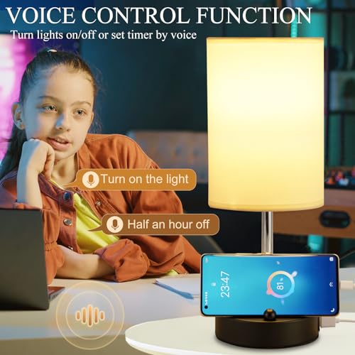 Briever AI Voice Control Bedside Table Lamp for Bedroom, 3-Way Dimmable Nightstand Lamp with USB A+C Ports, Smart Touch Sensor Desk Lamp with Round Linen Fabric Shade for Livingroom, Bulb Included