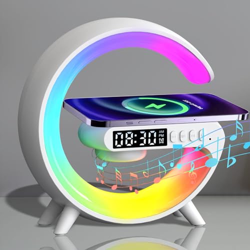 Treligate LED Table Lamp with Wireless Charger, Mini G Atmosphere Lamp with Bluetooth Speaker, Night Light Lamp Sunrise Alarm Clock, Smart Light Sound Machine for Bedroom【Mini Size 𝐆𝟔】