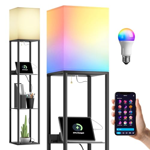 Evajoy Floor Lamp with Shelves, Smart RGB Floor Lamps Work with Alexa, with 2 USB Ports & 1 AC Output, Modern 4-Tier Lamp for Display Storage,Black