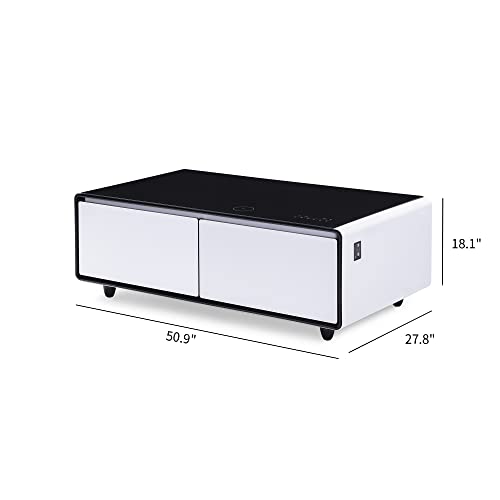 GlowSpark 50.9" Coffee Table with Fridge & Bluetooth Speakers, Smart Coffee Table with Refrigerator & Temperature Control, Double USB Interface & Touch Control Panel, 15W Wireless Charging (White)