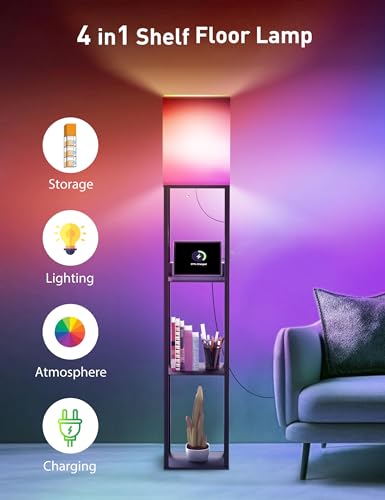 Evajoy Floor Lamp with Shelves, Smart RGB Floor Lamps Work with Alexa, with 2 USB Ports & 1 AC Output, Modern 4-Tier Lamp for Display Storage,Black