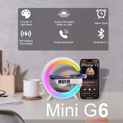 Treligate LED Table Lamp with Wireless Charger, Mini G Atmosphere Lamp with Bluetooth Speaker, Night Light Lamp Sunrise Alarm Clock, Smart Light Sound Machine for Bedroom【Mini Size 𝐆𝟔】