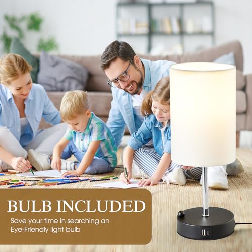 Briever AI Voice Control Bedside Table Lamp for Bedroom, 3-Way Dimmable Nightstand Lamp with USB A+C Ports, Smart Touch Sensor Desk Lamp with Round Linen Fabric Shade for Livingroom, Bulb Included