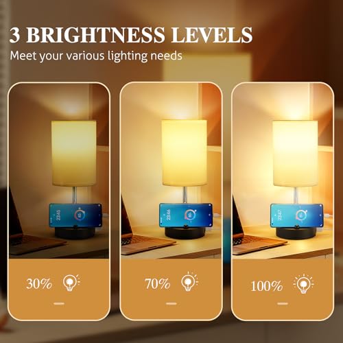 Briever AI Voice Control Bedside Table Lamp for Bedroom, 3-Way Dimmable Nightstand Lamp with USB A+C Ports, Smart Touch Sensor Desk Lamp with Round Linen Fabric Shade for Livingroom, Bulb Included