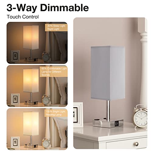【Upgraded】Bedside Table Lamp Touch Control, with USB C+A Charging Ports & Dual AC Outlets, 3-Way Nightstand Lamp for Bedroom with LampShade Living Room Office(LED Dimmable Bulb Included)