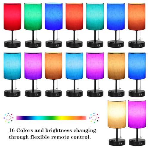 TCEUMIK RGB Smart Lamps for Bedrooms & Living Room 3 Ways Dimmable Bedside Lamps Color Changing Nightstand Lamp with 2 USB Port and Outlet Modern Night Stand Table Lamp Fabric Shade E26 LED Bulb
