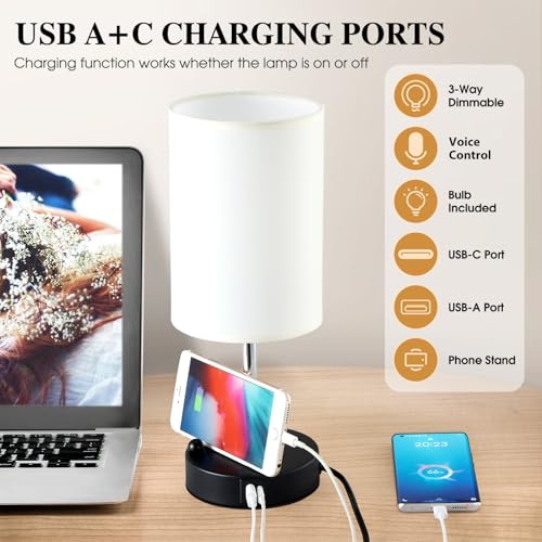 Briever AI Voice Control Bedside Table Lamp for Bedroom, 3-Way Dimmable Nightstand Lamp with USB A+C Ports, Smart Touch Sensor Desk Lamp with Round Linen Fabric Shade for Livingroom, Bulb Included