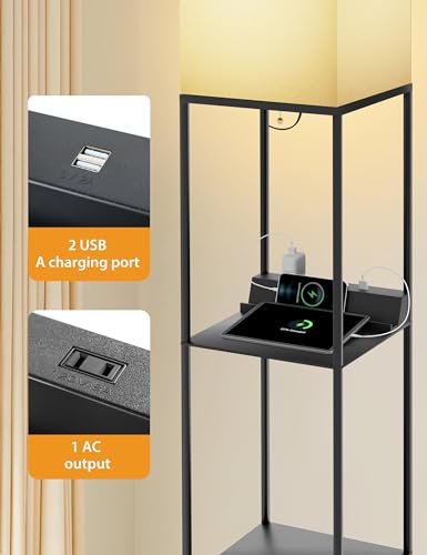 Evajoy Floor Lamp with Shelves, Smart RGB Floor Lamps Work with Alexa, with 2 USB Ports & 1 AC Output, Modern 4-Tier Lamp for Display Storage,Black