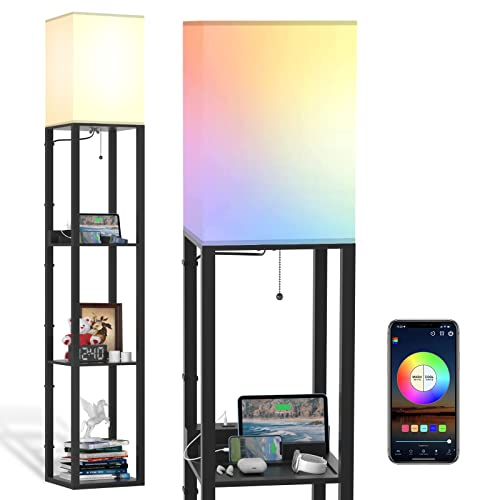 PAZZO Smart RGB Floor lamp with Shelves, Shelf Floor Lamp with Alexa, Solid Wood with 2 Charging Ports and 1 Power Outlet, Modern Standing Lamp for livingroom, Bedroom,Bulb Included,Matt Black