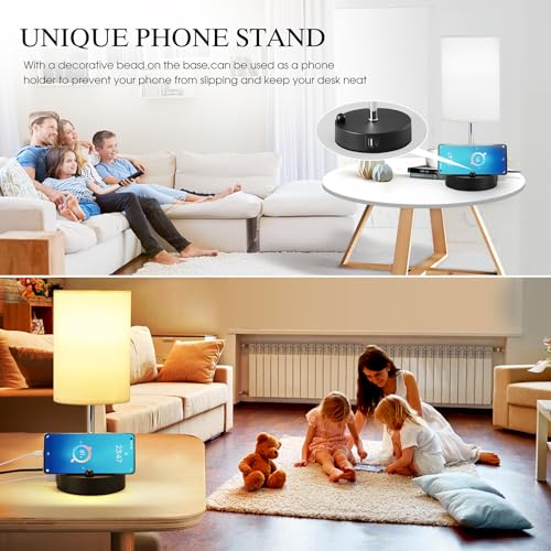 Briever AI Voice Control Bedside Table Lamp for Bedroom, 3-Way Dimmable Nightstand Lamp with USB A+C Ports, Smart Touch Sensor Desk Lamp with Round Linen Fabric Shade for Livingroom, Bulb Included
