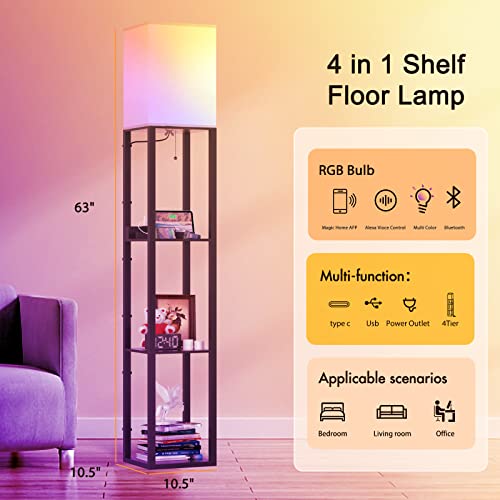 PAZZO Smart RGB Floor lamp with Shelves, Shelf Floor Lamp with Alexa, Solid Wood with 2 Charging Ports and 1 Power Outlet, Modern Standing Lamp for livingroom, Bedroom,Bulb Included,Matt Black