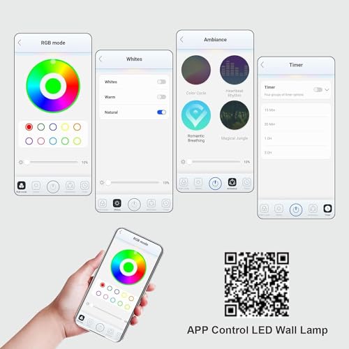 Lightess Smart LED Wall Sconces Set of 2, Dimmable Wall Mounted Lamp with 3 Lighting & RGB & Ambiance Mode, APP & Touch Control, Rechargeable Battery Operated Wall Light for Reading Bedside