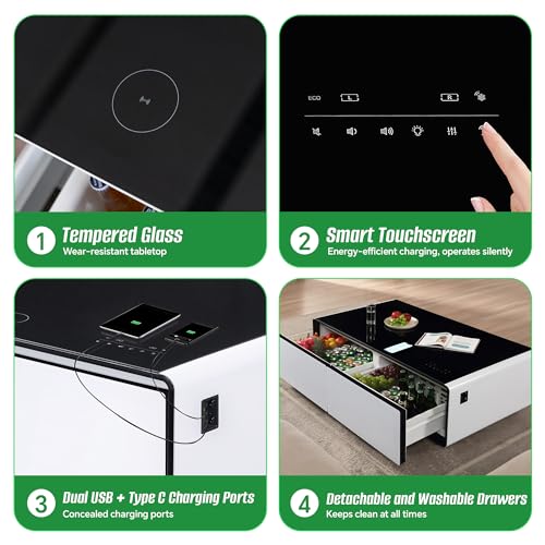 GlowSpark 50.9" Coffee Table with Fridge & Bluetooth Speakers, Smart Coffee Table with Refrigerator & Temperature Control, Double USB Interface & Touch Control Panel, 15W Wireless Charging (White)